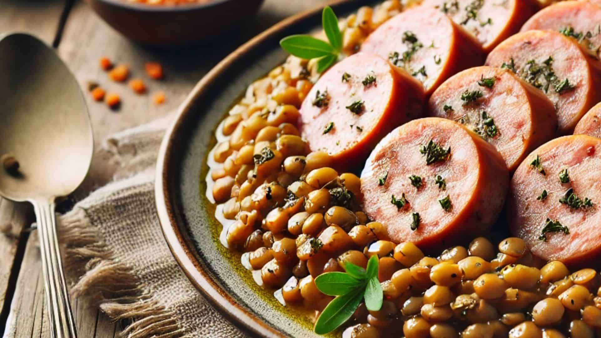 Plate with cotechino and lentils